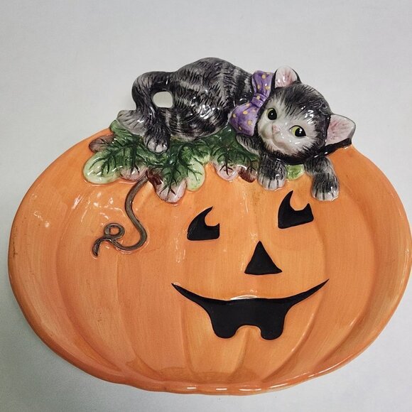 Fitz And Floyd Vintage Pumpkin With Black Cat Decorative Plate - Picture 1 of 5